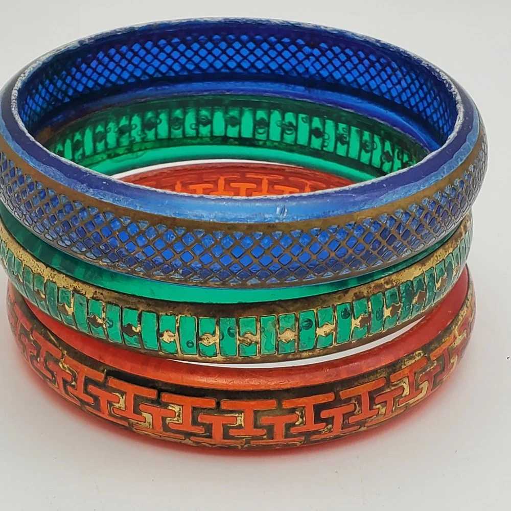 Vintage Acrylic Bangle Bracelet Set Blue Green Orange Gold Tone Geometric Boho